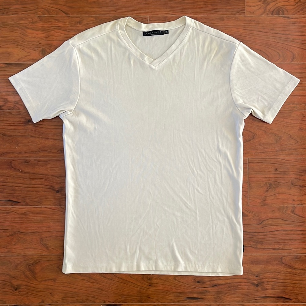 Positano Men's Cream Ribbed V Neck Short Sleeve Tee Shirt